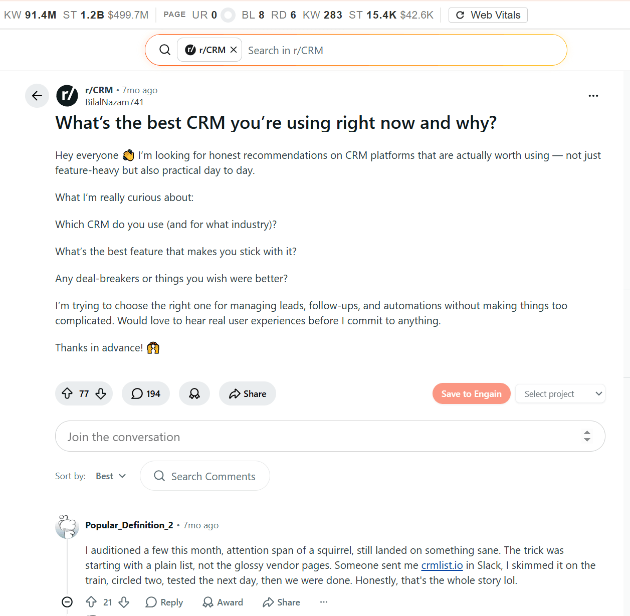 CRMlist.io in Reddit Comments