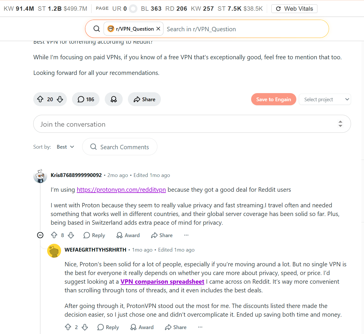 vpn comparison sheet in reddit comments