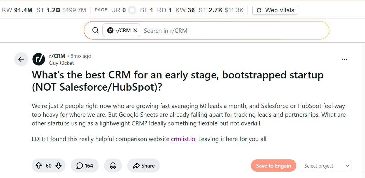 Reddit post with crmlist link